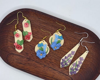 Floral Polymer Clay Earrings | Boho 3D Floral Dangle Earrings | Floral Statement Clay Earrings | Hypoallergenic Earrings