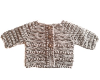 Pure Shetland wool fine crochet baby sweater, beige baby cardigan, light newborn preemie girl jacket, baby shower gift present.  0-3 months