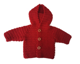 Sweat à capuche à capuche en laine pour bébé garçon, pull bébé rouge riche, cadeau de baby shower, cardigan veste bébé en laine. Nouveau-né 0-3-6 mois