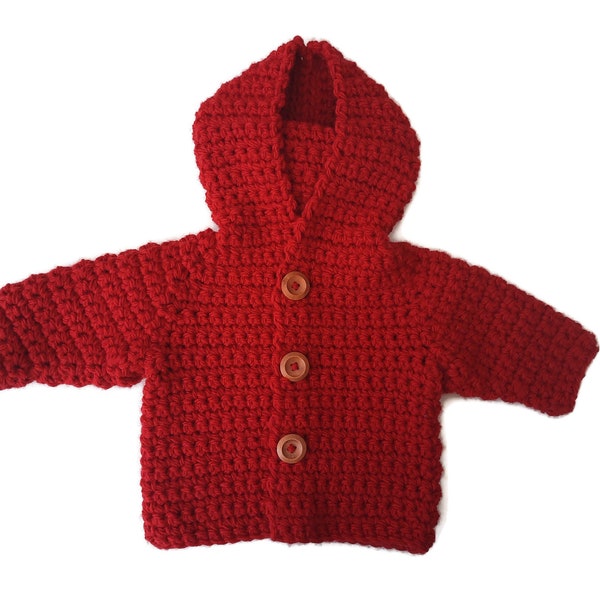 Wool chunky baby boy hooded coat hoodie, rich red baby sweater, baby shower gift, wool baby jacket cardigan. Newborn 0-3-6 months