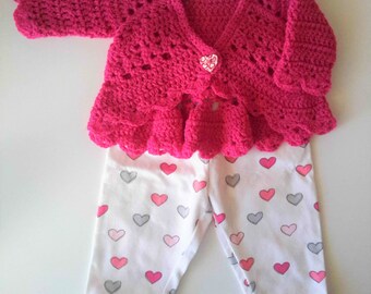 Merino wool baby girl sweater outfit, hot pink baby cardigan, baby bolero and trousers, baby shower gift, baby girl present. 3-6-9 months