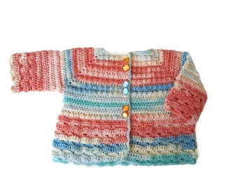 Baby girl lace sweater in fine wool, white orange blue baby cardigan, baby shower present, newborn baby girl gift. 0-3-6 months