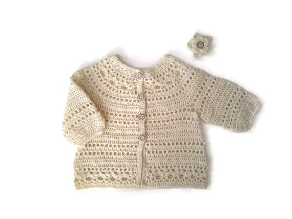 lace Effect.size 0/3Months Hand knitted White baby Matinee Coat 