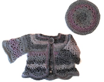 Wool lace baby sweater, grey & pink cardigan, luxury newborn jacket, baby girl gift, baby shower present, baby beret, 0-3-4 months