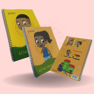 May include: Three yellow spiral bound notebooks with colorful illustrations of children and text in a foreign language. The text on the notebooks reads "Yoruba" and "Ile Iwe Yoruba".