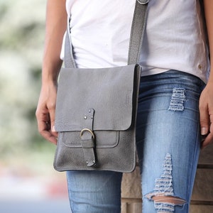 Gray leather bag for women's for everyday use, Cross body bag, Lightweight, Original, A gift for her.