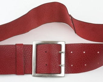 handcrafted wide red leather belt, women's leather belt, big silver tone buckle, soft red leather, Perfect for everyday, for her