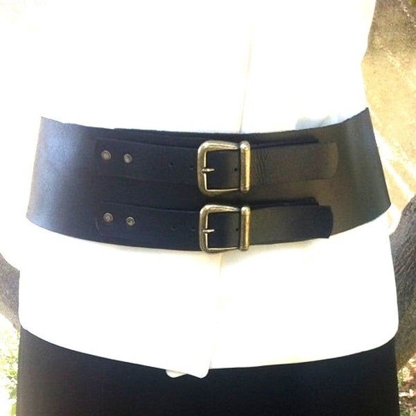 Wide Black Leather Belt For Women, Double Buckles Black Leather Belt, Sit High and Low Belt, Lightweight, Original Design, A Gift For Her.