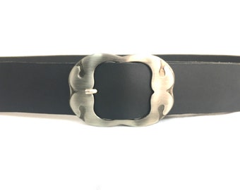 2 Inch Wide Black Leather Belt For Women And Men. Silver Tone Buckle. Thick Leather. 5 cm wide Belt. Unisex.