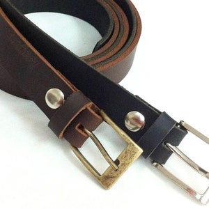 Classic Brown Or Black Leather Belt For Men and Women. Thick, Narrow Leather Belt. Bronze/ Silver tone Buckle. 1.2&quot; wide/ 3cm wide. Unisex.