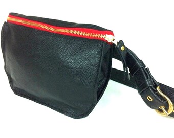 Handcrafted Women Black Leather Belt Pouch With Red Gold Zipper. Detachable Belt. Medium Size Clutch. A Gift For Her. Original Design.