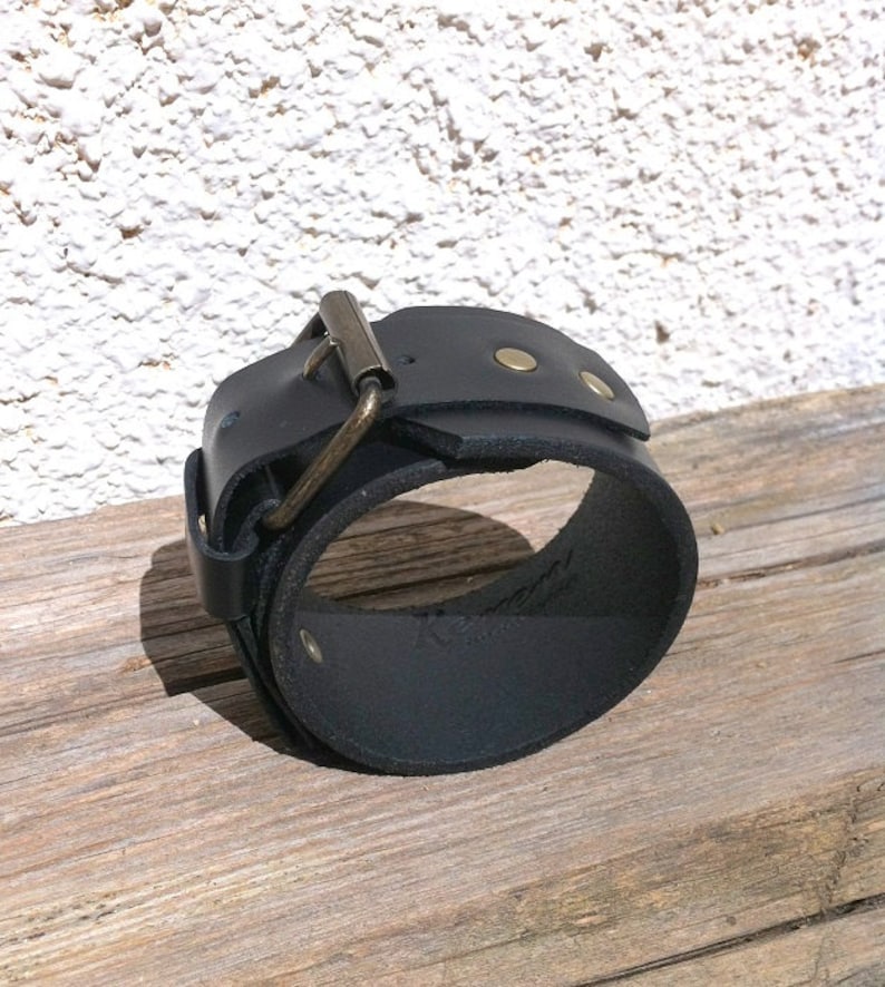 Beautifully Handcrafted Men's Black Leather Bracelet / Cuff. Wide