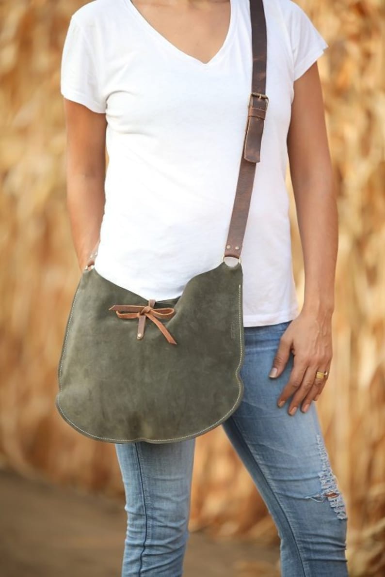 Women Green Suede Leather Bag. Cross Body Round Leather Bag. Etsy