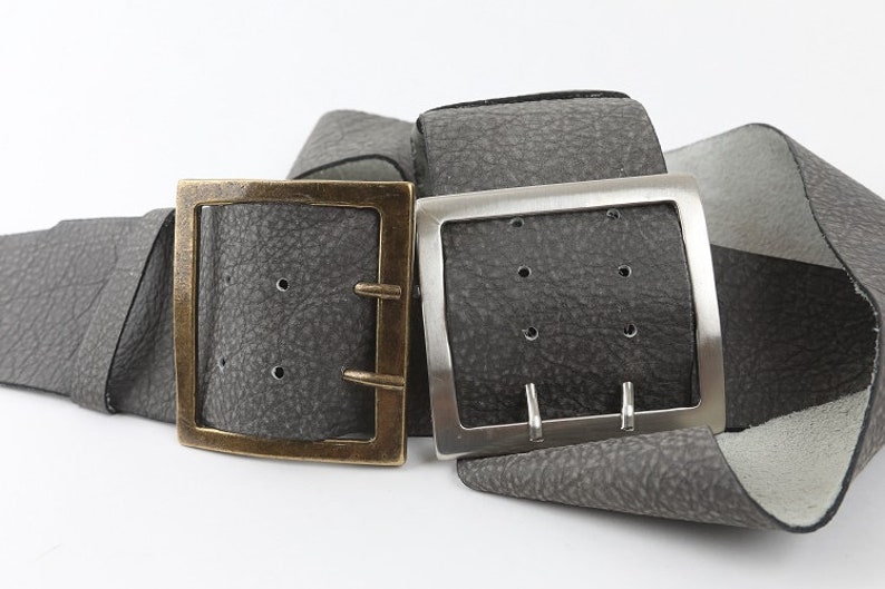 Casually elegant women/'s leather belt wide gray leather belt a gift for her. soft leather Large square silver tone or bronze buckle