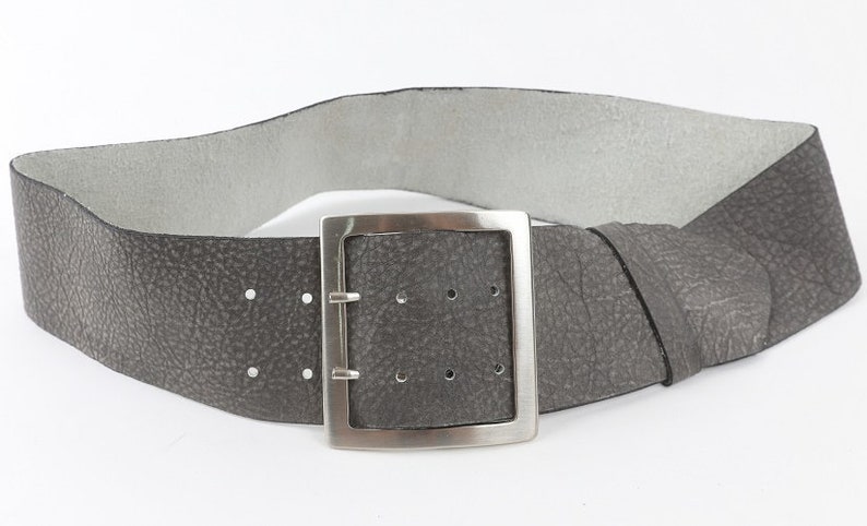 Casually elegant women/'s leather belt wide gray leather belt a gift for her. soft leather Large square silver tone or bronze buckle