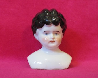 Doll's Head Vintage Porcelain Hand Painted 1800s Sweet Face Blue Eyes Black Hair