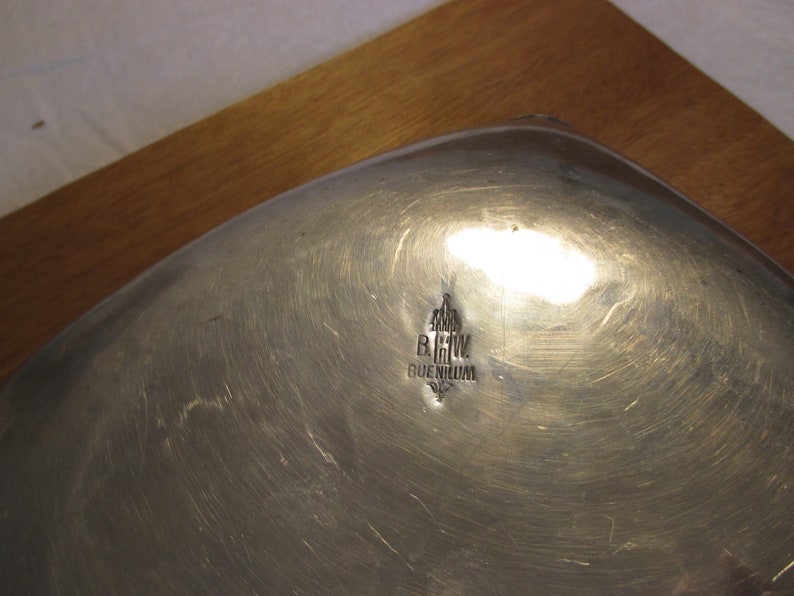 Vintage B W Buenilum Aluminum Square Bowl or Small Tray Hand Wrought Spring Flowers Tulip Grape Hyacinth 7 in Square