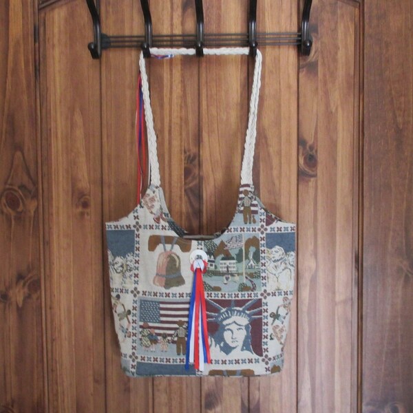 Shoulder Bag Knitting Tote Needle Artwork Crochet Projects Cotton Fabric July 4 Themes Mount Rushmore Liberty Bell