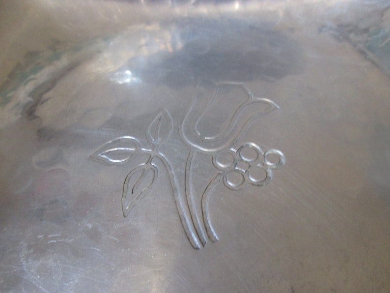 Vintage B W Buenilum Aluminum Square Bowl or Small Tray Hand Wrought Spring Flowers Tulip Grape Hyacinth 7 in Square