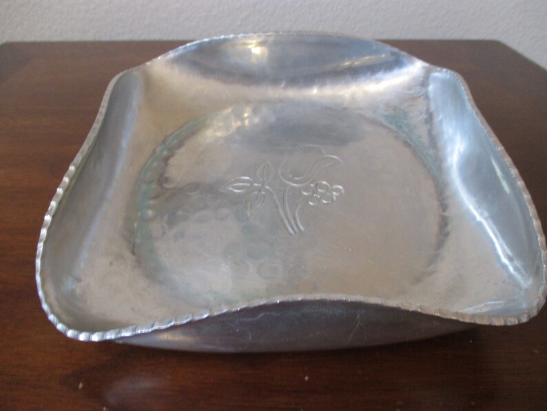 Vintage B W Buenilum Aluminum Square Bowl or Small Tray Hand Wrought Spring Flowers Tulip Grape Hyacinth 7 in Square