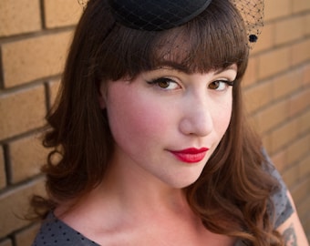 Black Wool Felt Small Button Fascinator with Velvet Bow and Veil