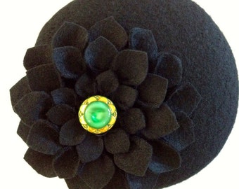 Black Wool Felt Button Fascinator with Handmade Flower and Vintage Button