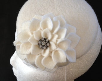 Winter White Wool Felt Button Fascinator with Handmade Flower and Rhinestone Button