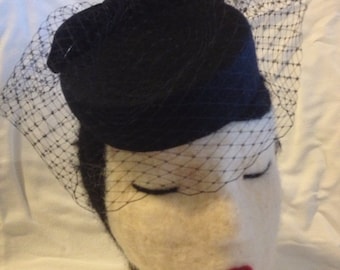 Black Wool Felt Pillbox Fascinator with Velvet Bow and Veil