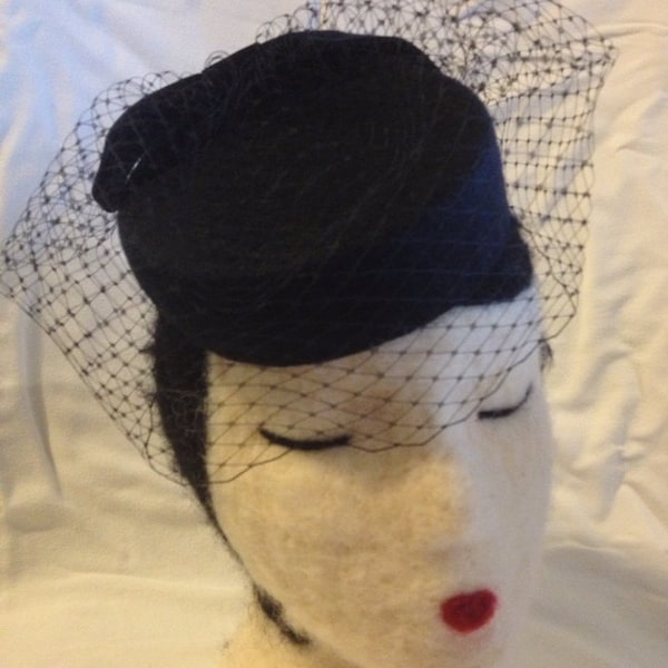 Black Wool Felt Pillbox Fascinator with Velvet Bow and Veil