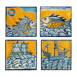 Wall decor-4 ceramic tiles "Fish and ships"