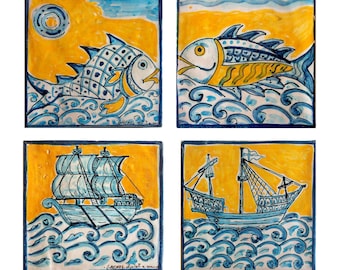Wall decor-4 ceramic tiles &quot;Fish and ships&quot;