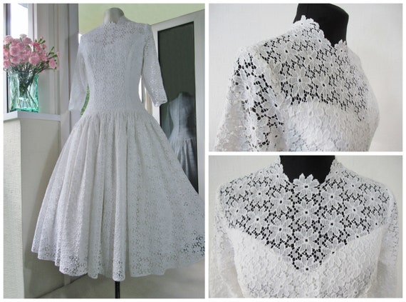 Vintage 1950s Wedding Dress, White Lace Tea Lengt… - image 2