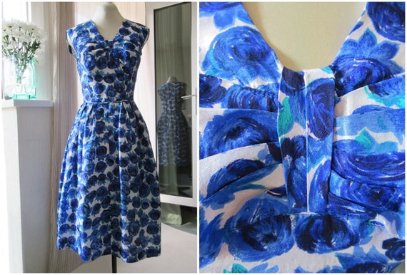 1950s Dress 1960s Silk Blue Rose Floral Cocktail D