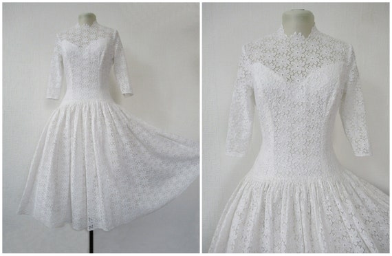 Vintage 1950s Wedding Dress, White Lace Tea Lengt… - image 7