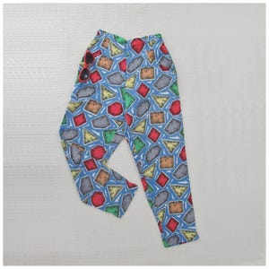 Vintage 50s Cropped Capri Trousers, Blue Linen Patchwork Novelty Print XS