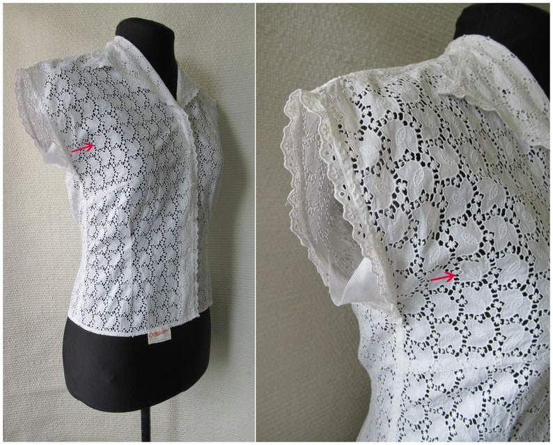 1950s Blouse 50s Ivory White Embroidered Cotton Eyelet Floral Cutwork Blouse St Michael Top XS S