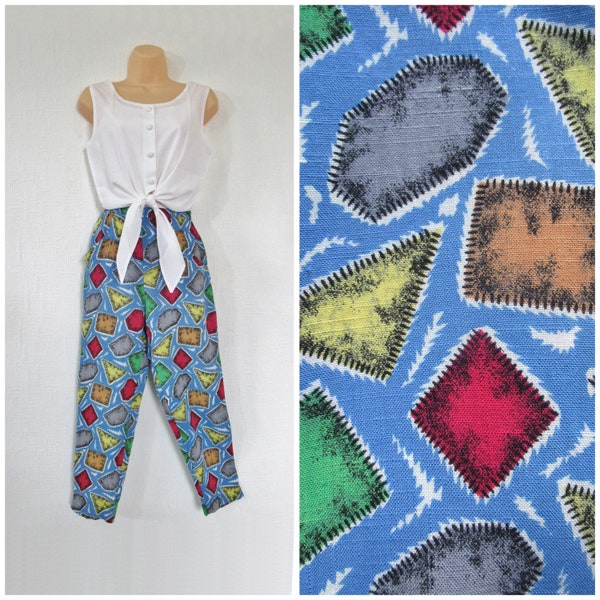 Vintage 1950s Cropped Trousers, Blue Linen Abstract Capri Pants, 24” High Waist XS