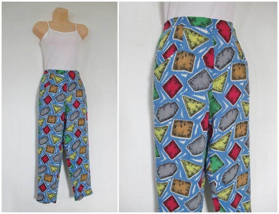 Vintage 1950s Cropped Trousers, Blue Linen Abstra… - image 3