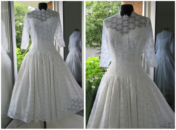 Vintage 1950s Wedding Dress, White Lace Tea Lengt… - image 3