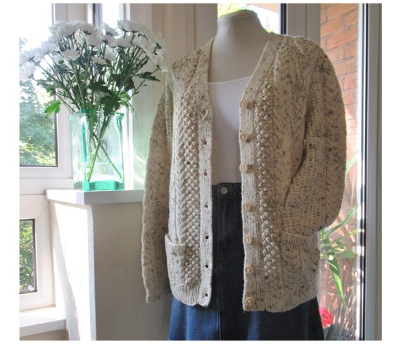 Vintage Hand Knit Wool Cardigan - Aran Cable Knit