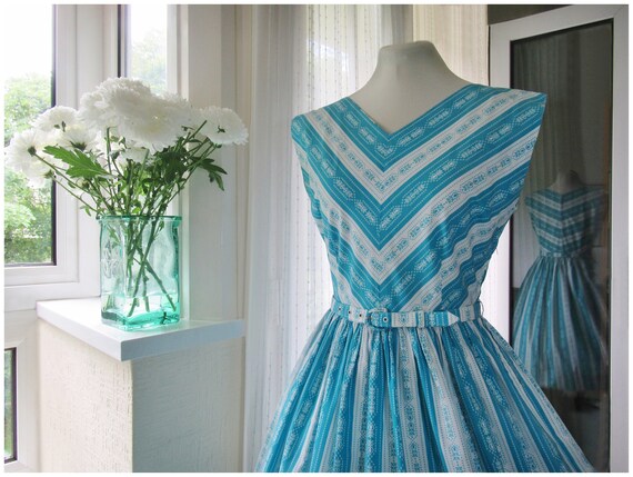 1950s Dress 50s Turquoise Blue / White Striped Cot