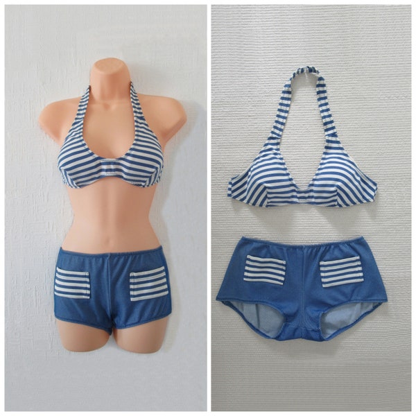 Vintage UNWORN Bikini 60s 70s Mod Blue White Stripe Halter Top and Boy Shorts M