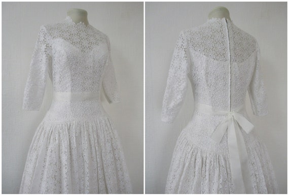 Vintage 1950s Wedding Dress, White Lace Tea Lengt… - image 5