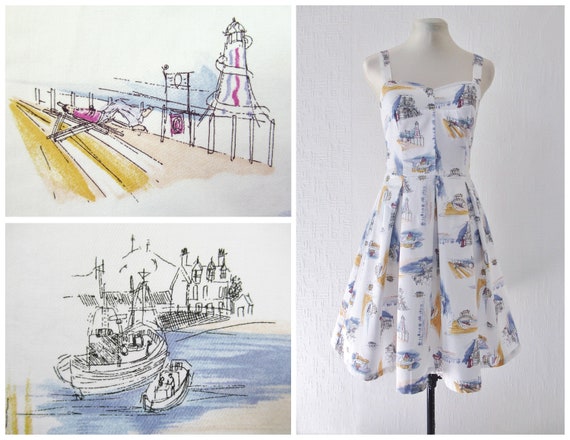 1970s Novelty Print Dress 1940s 50s Nautical Itali