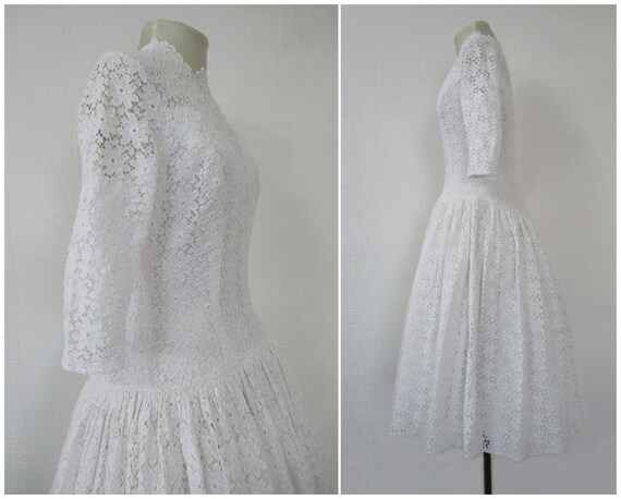 Vintage 1950s Wedding Dress, White Lace Tea Lengt… - image 6