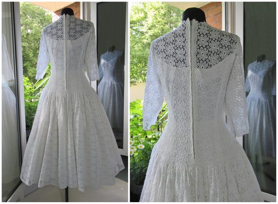 Vintage 1950s Wedding Dress, White Lace Tea Lengt… - image 4