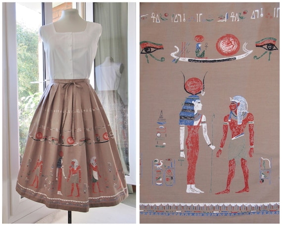 60s 1950s Novelty Print Skirt with Egyptian Border