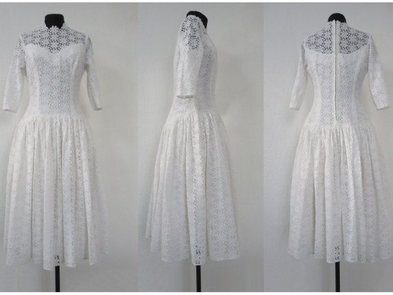 Vintage 1950s Wedding Dress, White Lace Tea Lengt… - image 8