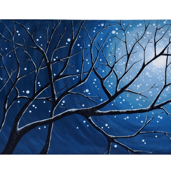 Original Modern Landscape Painting of Moonlit Branches- 15x30 Gallery Canvas by Little Sparrow Gallery