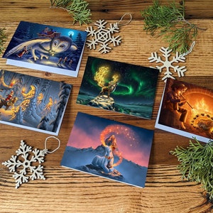 Conjunto de cartões de fantasia de inverno - cartão de raposa de conto de fadas, cartão de princesa de inverno, cartão de coruja de celeiro do Papai Noel, cartão mágico de inverno, cartão de felicitações de rena